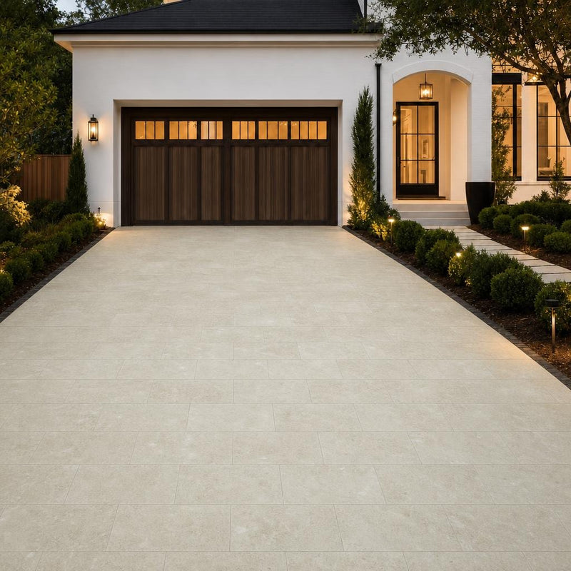 Qdi Light Travertine Paver 6x12 Tumbled 1.25 inch — Front Yard driveway