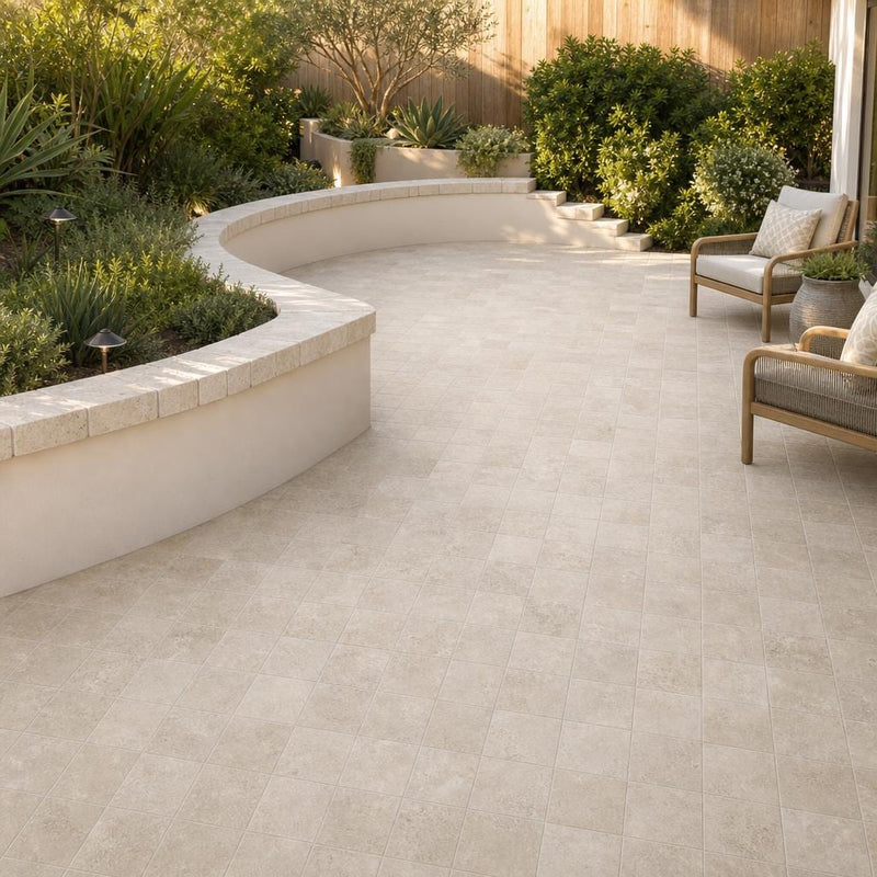 Qdi Light Travertine Paver 6x6 Tumbled 1.25 inch — Backyard patio