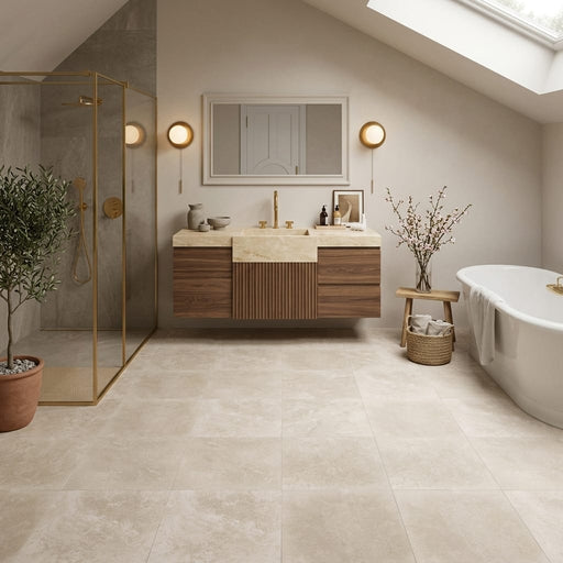 Qdi Light Travertine Tile 12x12 Filled, Honed — Bathroom floor