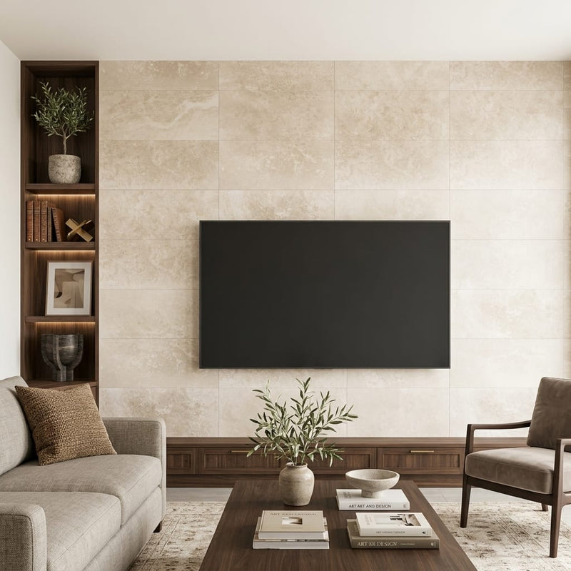 Qdi Light Travertine Tile 12x24 Filled, Honed — Living Room feature wall