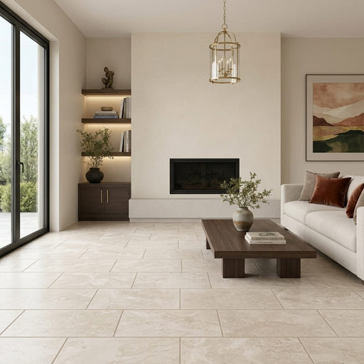 Qdi Light Travertine Tile 12x24 Filled, Honed — Living Room floor