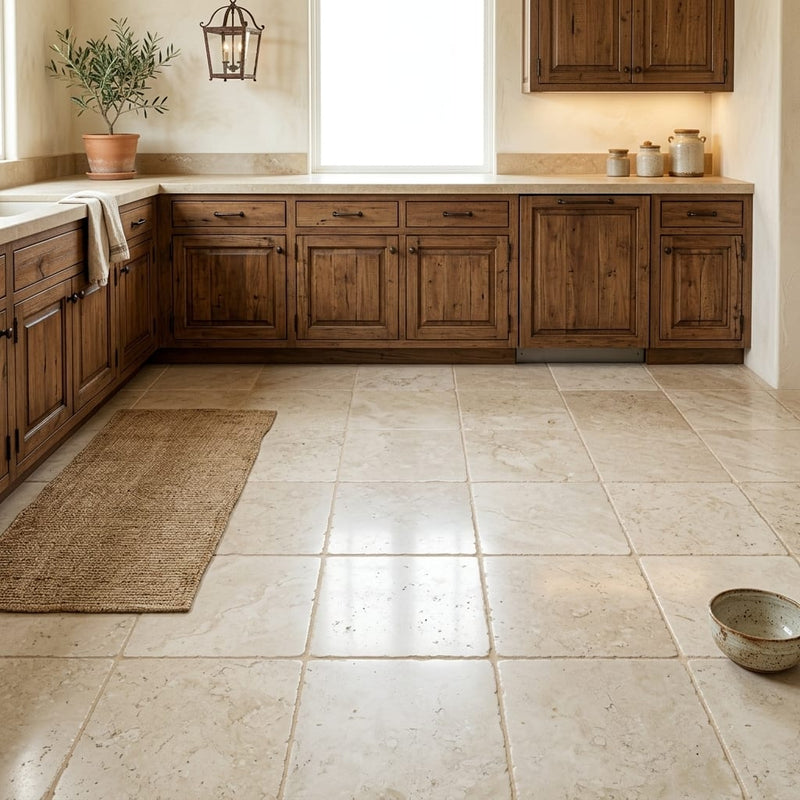 Qdi Light Travertine Tile 16x16 Tumbled — Kitchen floor