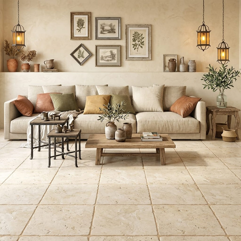Qdi Light Travertine Tile 16x16 Tumbled — Living Room floor