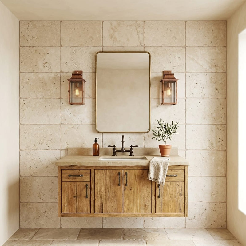 Qdi Light Travertine Tile 16x24 Tumbled — Bathroom vanity wall