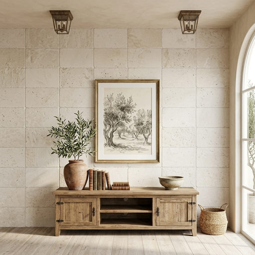Qdi Light Travertine Tile 16x24 Tumbled — Living Room feature wall