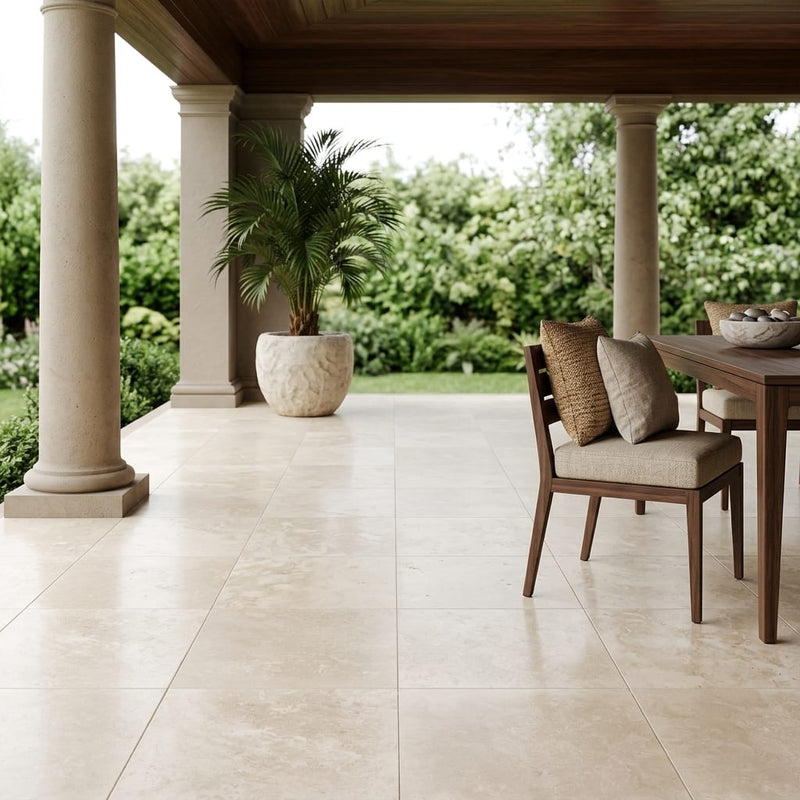 Qdi Light Travertine Tile 18x18 Filled, Honed — Covered Patio floor