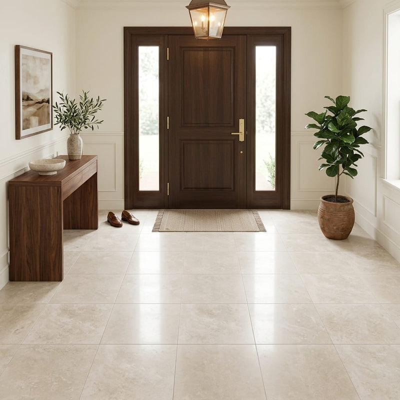 Qdi Light Travertine Tile 18x18 Filled, Honed — Foyer floor