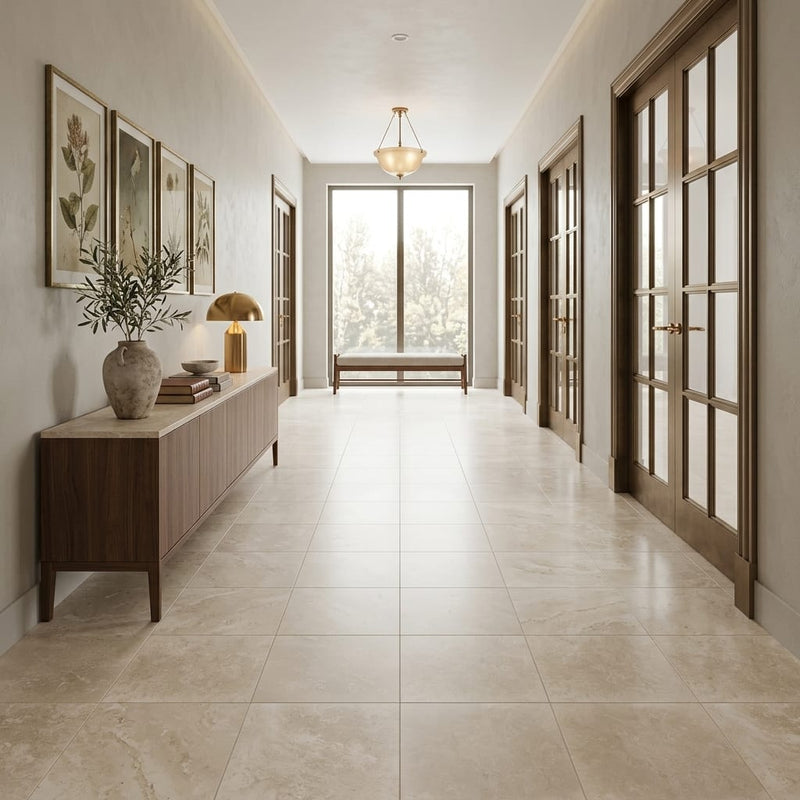 Qdi Light Travertine Tile 18x18 Filled, Honed — Hallway floor