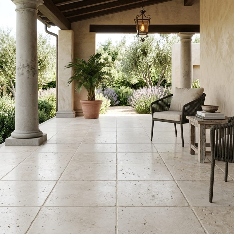Qdi Light Travertine Tile 18x18 Tumbled — Covered Patio floor