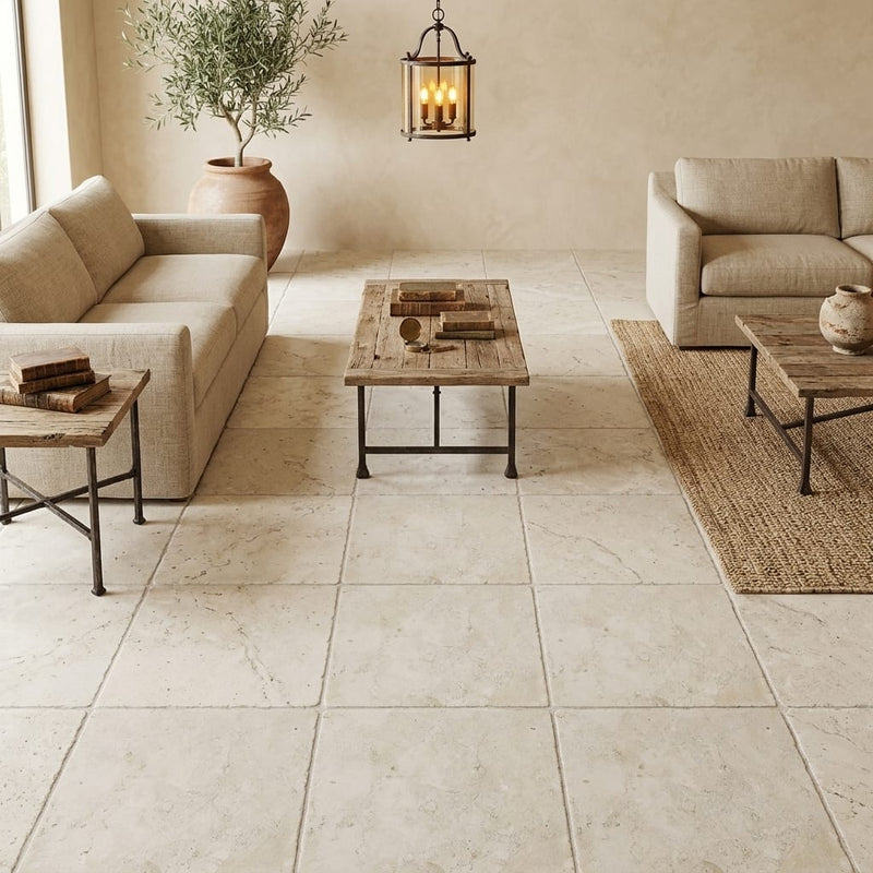 Qdi Light Travertine Tile 18x18 Tumbled — Family Room floor