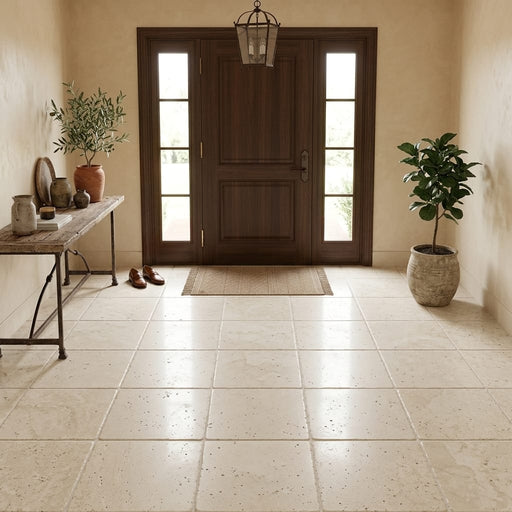 Qdi Light Travertine Tile 18x18 Tumbled — Foyer floor