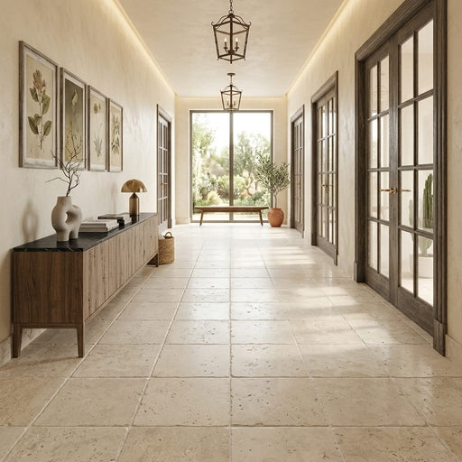 Qdi Light Travertine Tile 18x18 Tumbled — Hallway floor