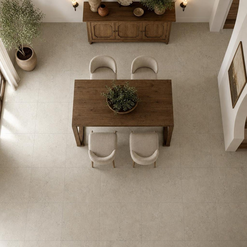 Qdi Light Travertine Tile 24x24 Tumbled — Dining Room floor