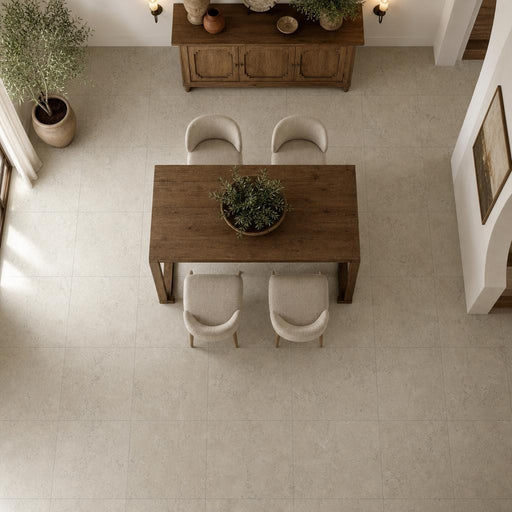 Qdi Light Travertine Tile 24x24 Tumbled — Dining Room floor
