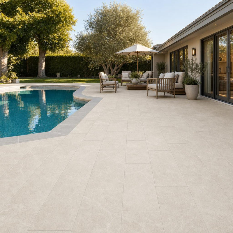 QDI Pearl 12x24 Sandblasted Marble Paver — Backyard pool deck