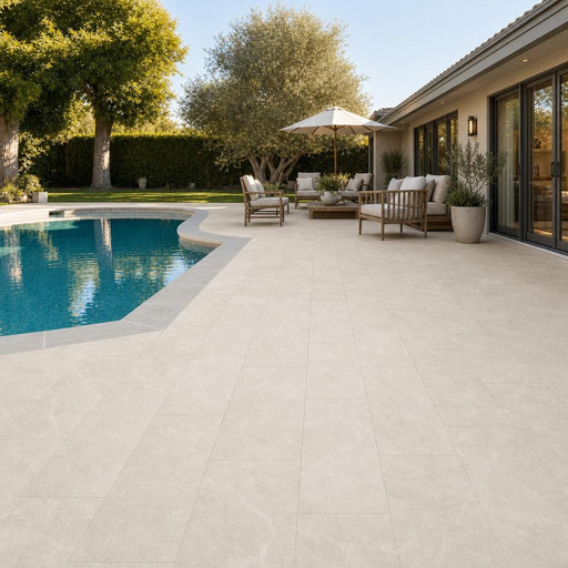 QDI Pearl 12x24 Sandblasted Marble Paver — Backyard pool deck