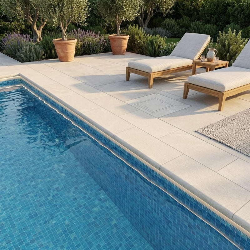 QDI Pearl 12x24 Sandblasted Marble Single Bullnose Pool Coping — Swimming Pool remodel pool edge