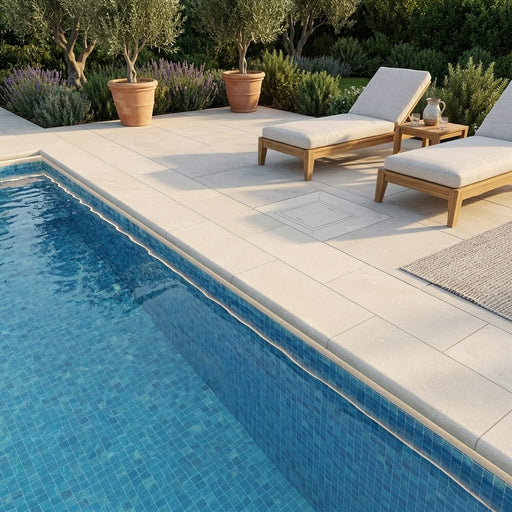QDI Pearl 12x24 Sandblasted Marble Single Bullnose Pool Coping — Swimming Pool remodel pool edge