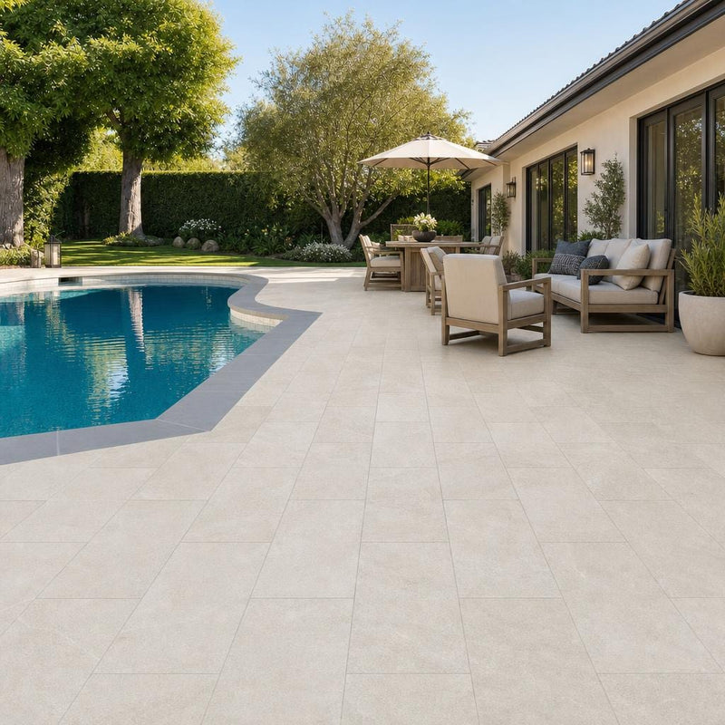 QDI Pearl 12x24 Tumbled Marble Paver — Backyard pool deck
