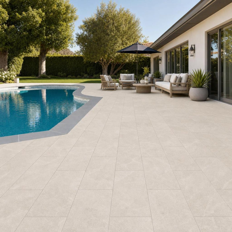 QDI Pearl 12x24x2 Sandblasted Marble Paver — Backyard pool deck