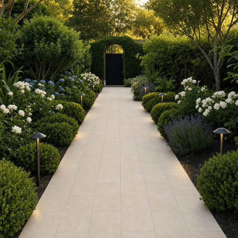 QDI Pearl 12x24x2 Sandblasted Marble Paver — Garden path