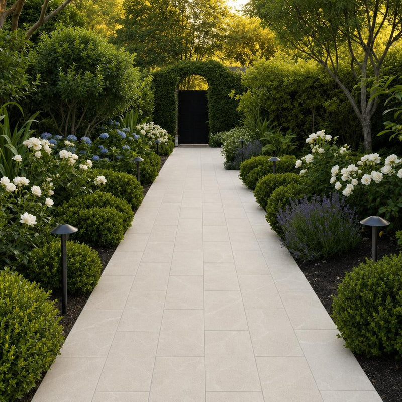 QDI Pearl 12x24x2 Tumbled Marble Paver — Garden path