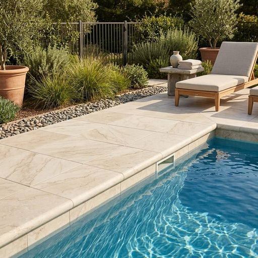 Qdi Pearl Marble Coping 12x12 Tumbled Bullnose 1.25 inch pool coping — Swimming Pool pool edge drop-face coping