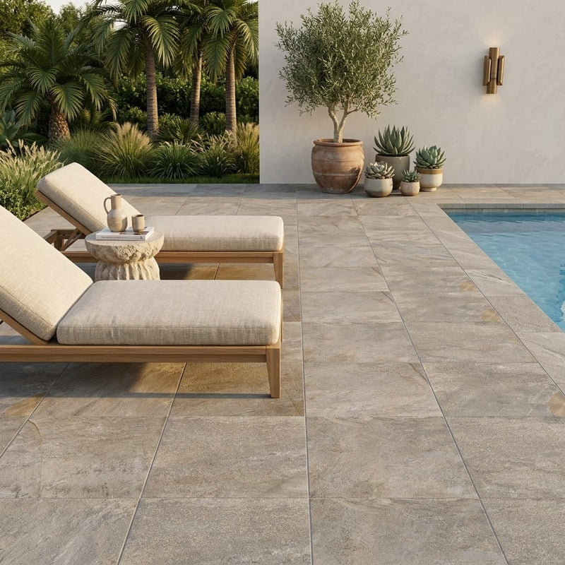 Quartzite Warm Grey Porcelain Rough & Straight Edge 24 x 24 x 3/4 Paver 24x24 — Backyard pool deck