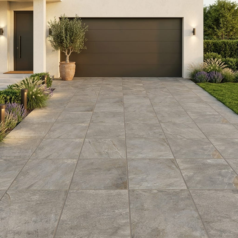 Quartzite Warm Grey Porcelain Rough & Straight Edge 24 x 24 x 3/4 Paver 24x24 — Front Yard driveway