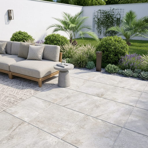 Quartzite White Porcelain Rough & Straight Edge 24 x 24 x 3/4 Paver 24x24 — Backyard patio