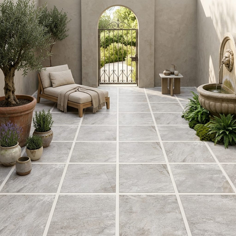 Quartzite White Porcelain Rough & Straight Edge 24 x 24 x 3/4 Paver 24x24 — Courtyard paving
