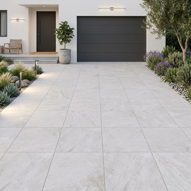 Quartzite White Porcelain Rough & Straight Edge 24 x 24 x 3/4 Paver 24x24 — Front Yard driveway
