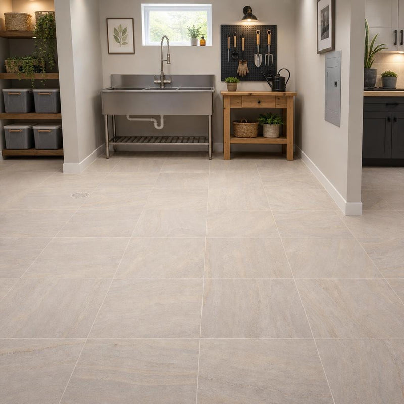Rainbow Teak 12x12 Gauged Sandstone Tile — Basement floor