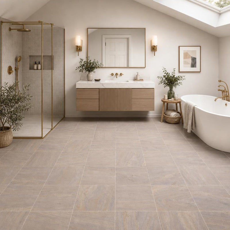 Rainbow Teak 12x12 Gauged Sandstone Tile — Bathroom floor