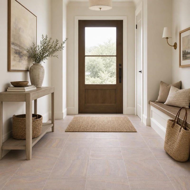 Rainbow Teak 12x12 Gauged Sandstone Tile — Hallway floor