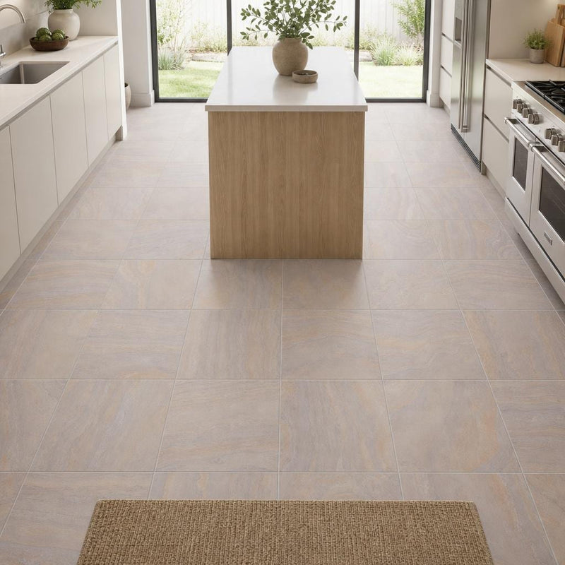 Rainbow Teak 12x12 Gauged Sandstone Tile — Kitchen floor
