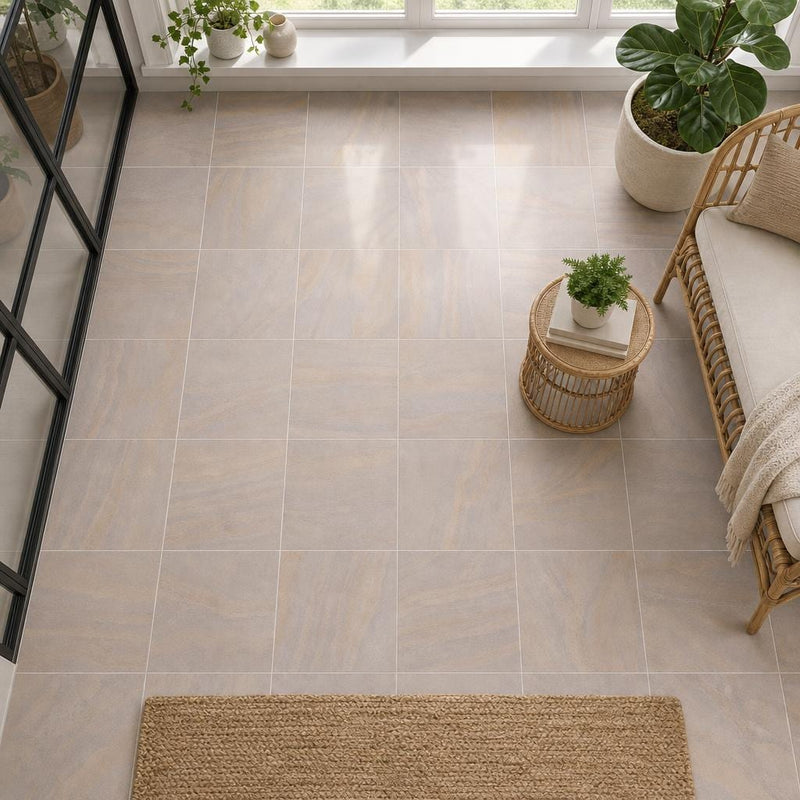Rainbow Teak 12x12 Gauged Sandstone Tile — Sunroom floor