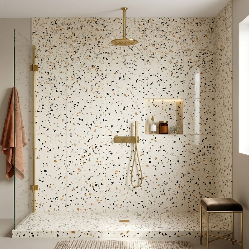 Regium 24x24 Polished Stone Agglomerate Marble Tile — Bathroom shower wall