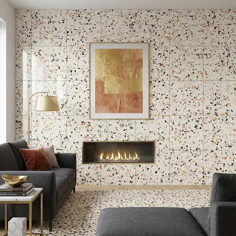 Regium 24x24 Polished Stone Agglomerate Marble Tile — Living Room feature wall