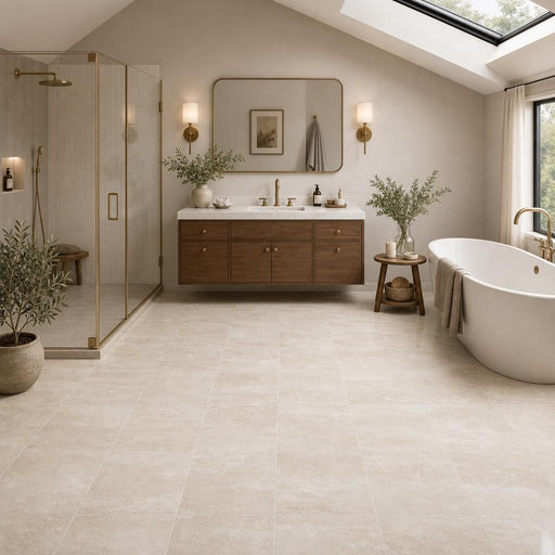 Regular Cut Travertine Classico 12x12 Polished Filled Tile — Bathroom floor