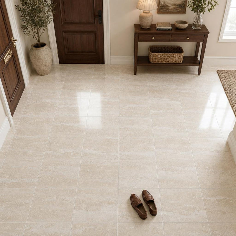 Regular Cut Travertine Classico 12x12 Polished Filled Tile — Foyer floor
