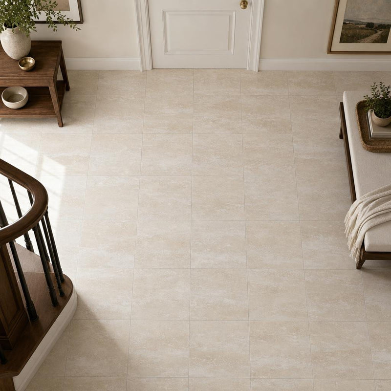 Regular Cut Travertine Classico 12x12 Polished Filled Tile — Hallway floor