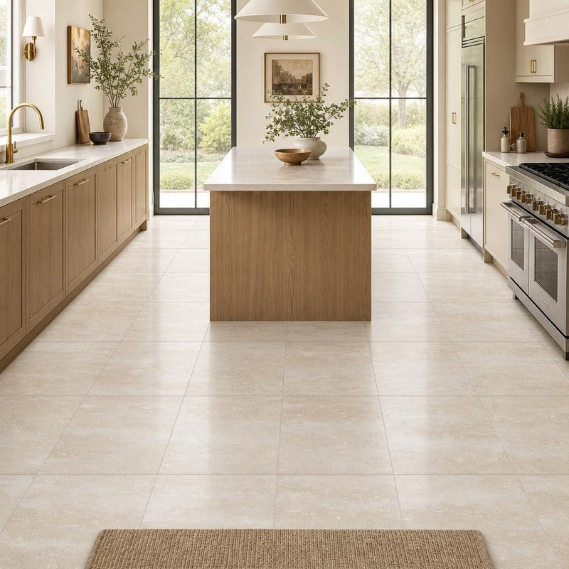 Regular Cut Travertine Classico 12x12 Polished Filled Tile — Kitchen floor