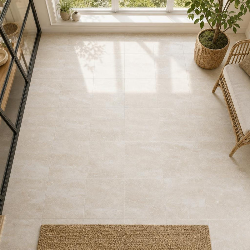 Regular Cut Travertine Classico 12x12 Polished Filled Tile — Sunroom floor