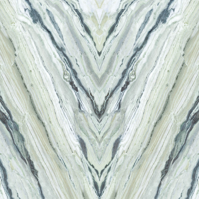 Revera Saggio Bello polished quartz surface with dramatic mirrored veins in grey, blue-green and pale gold tones.