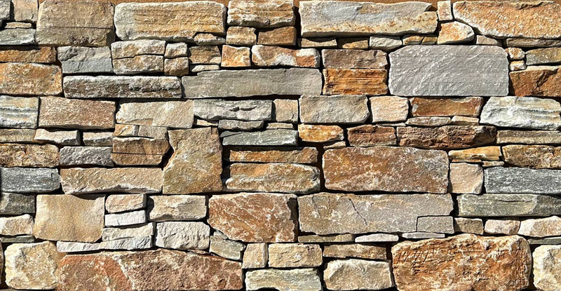 Close-up of Beige Quartz Quartz Rock Face 8 x 22 Metal Mesh Back Ledger Panel, in Beige Quartz tones.