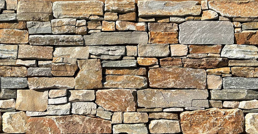 Close-up of Beige Quartz Quartz Rock Face 8 x 22 Metal Mesh Back Ledger Panel, in Beige Quartz tones.