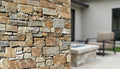 Close-up of Beige Quartz Quartz Rock Face 8 x 22 Metal Mesh Back Ledger Panel, in Beige Quartz tones.