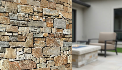 Close-up of Beige Quartz Quartz Rock Face 8 x 22 Metal Mesh Back Ledger Panel, in Beige Quartz tones.
