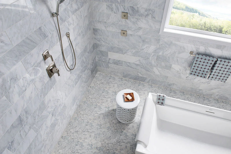 Rio Lago Sliced Carrara White Pebble Misc. Tumbled Marble Mosaic Tile